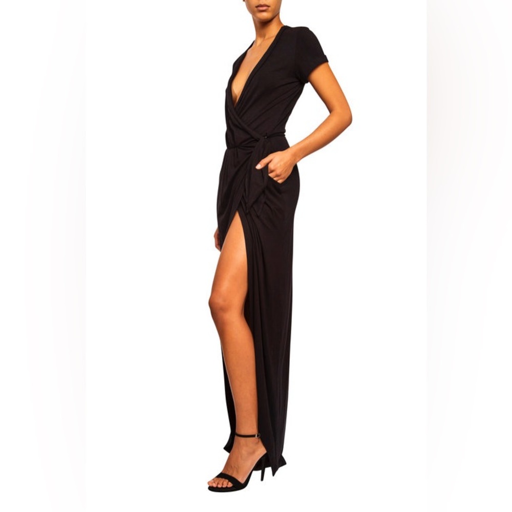 NWT NEW Black Bamboo Jersey Maxi Dress Extreme Plunge Pocket Wrap Style